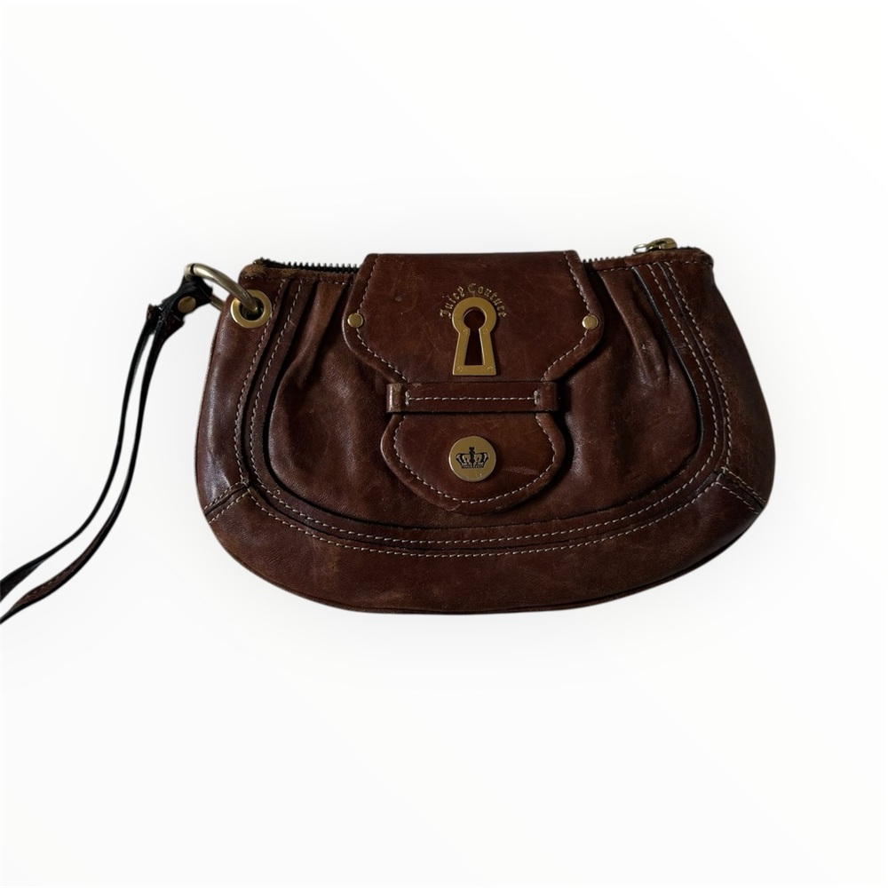 Vintage y2k Juicy Couture Genuine Leather Tan Brown Wristlet Clutch